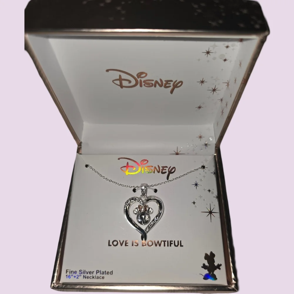 Disney Minnie Mouse Love is Bowtiful Silver Plated Heart Rose Bow Necklace NIB